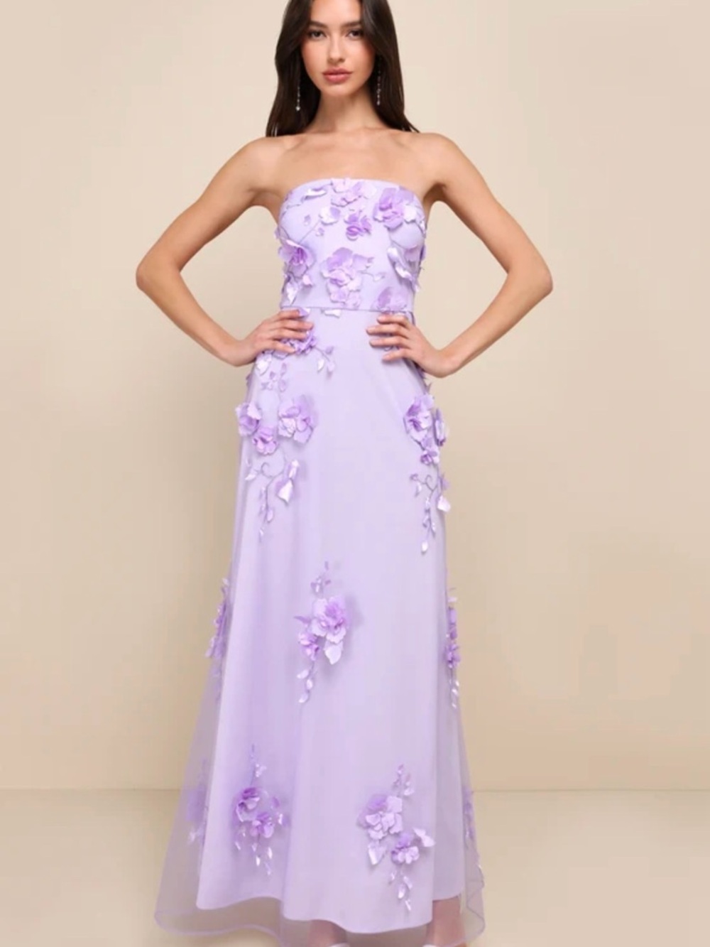 Strapless Lavender Floral Appliqué Evening Dress